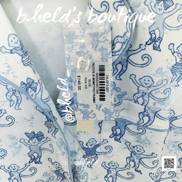 Roller Rabbit x LoveShackFancy Pastiche De Monkey Polo Pajamas in Blue Size XS - Picture 7 of 14